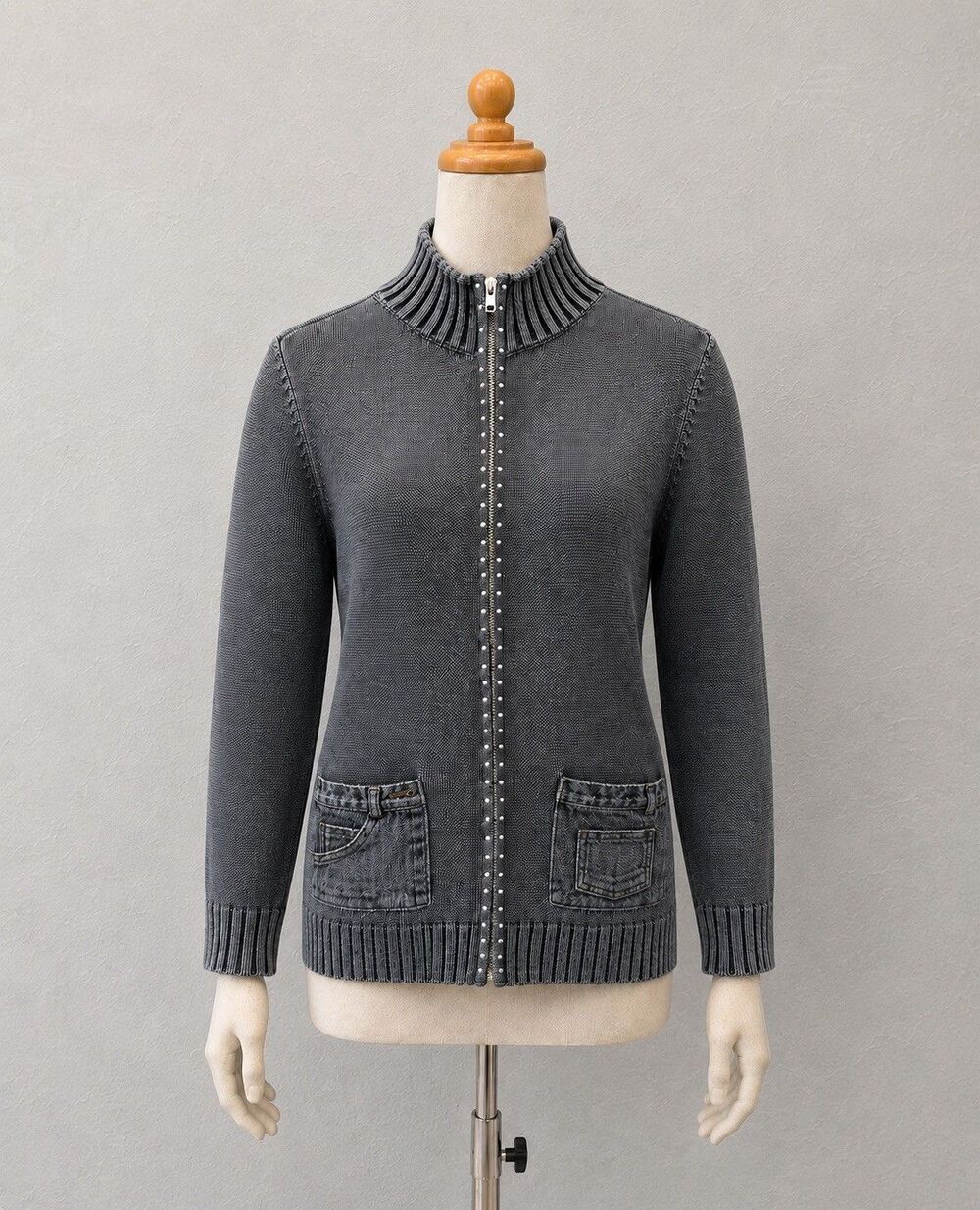 Quacker Factory Women XL Y2K Zip Up Knit Cardigan Sweater Grandma Chic
